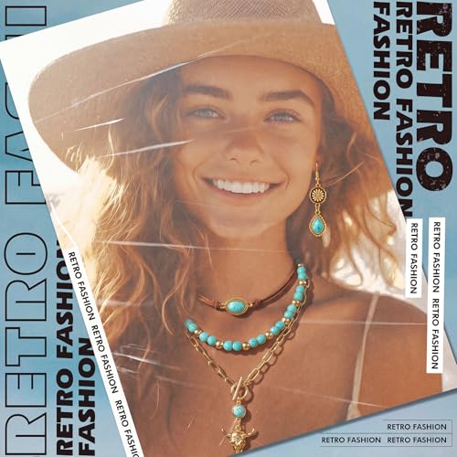 Ecally Bohemian Western Jewelry Turquoise Set Women Country Pendant Long Choker Layered Bracelets Earrings Ring for Women - color: Gold, style: Shiny
