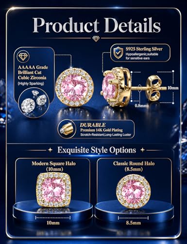 2 Pairs S925 Sterling Silver Stud Earrings for Women Halo Cubic Zirconia | 14K Gold Plated Hypoallergenic Non Tarnish Round Square Silver Stud Earring for Women Men Dainty Trendy Jewelry - style: Gold-Pink Stone