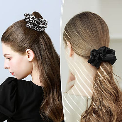 Scrunchies Hair Ties Silk Satin Scrunchy - Hair Elastics Bands Ponytail Holder Pack of Neutral Scrubchy Hair Accessories for Women Girls - color: Leopard Black