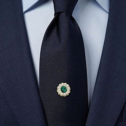 AMITER Crystal/Pearl Tie Tack with Chain, Gold Mens Tie Pin Necktie Pins Lapel Pin for Wedding Birthday Anniversary Party - color: 24k Gold+Green Crystal