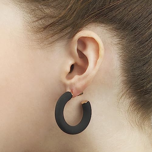 Gold Plated Multicolor Resin Chunky Thick Open Hoop Earrings in 57MM and 37.5MM Diameters - color: Black - Matte Finish, size: 37.5MM (1.48") Diameter