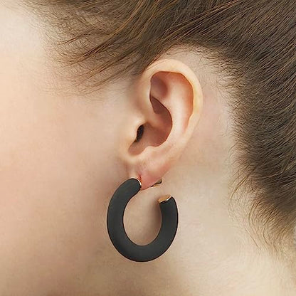 Gold Plated Multicolor Resin Chunky Thick Open Hoop Earrings in 57MM and 37.5MM Diameters - color: Black - Matte Finish, size: 37.5MM (1.48") Diameter