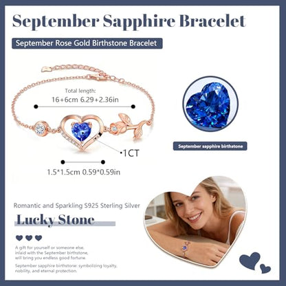 1CT Rose Heart Birthstone Bracelet for Women Love Gift - style: 09-Sept Sapphire Rose Gold