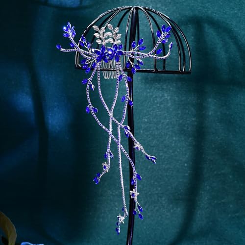 JHOO Rhinestone Hair Vine Comb, Bridal Wedding Hair Accessories,Silver Alloy Headpiece for Bridesmaids (Blue) - color: Blue