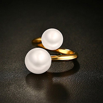 Hisatan Double Simulated Pearl Wrap Ring: gold plated Stainless Steel Large Statement Ring for Women - color: Gold-Size 6