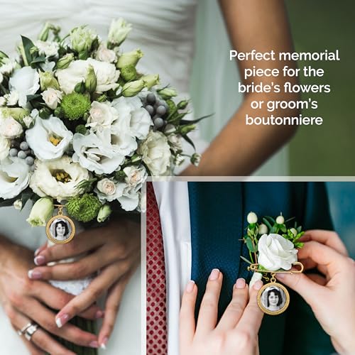 Gold Wedding Bouquet Photo Charm for Bridal Wedding Bouquet | Gold Picture Frame Pin Memorial DIY Photo Charm for Bride or Memorial Boutonniere Pin for Groom. Add Your Own Photo.