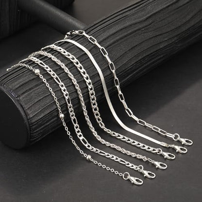 Adjustable Waterproof Layered Bracelets for Women Summer Beach Cuban Link Chain Anklets Set Herringbone Paperclip Beaded Snake Chain Stackable Anklet Stainless Steel Jewelry Bracelet - color: 6PCS-Silver