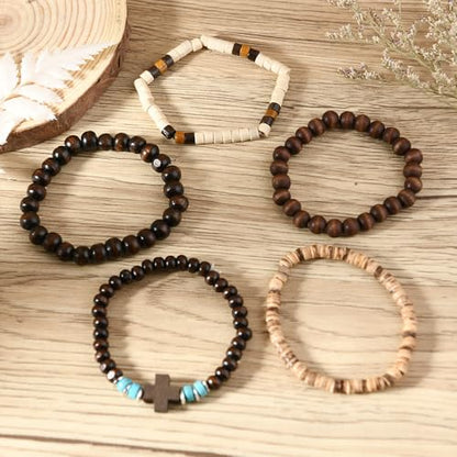 5pcs Wooden Bead Bracelet Set with Charm and Tassel for Men & Women - Stackable Boho Bracelets, Amber Color Scheme Adjustable Bracelet - color: Brown Blue White