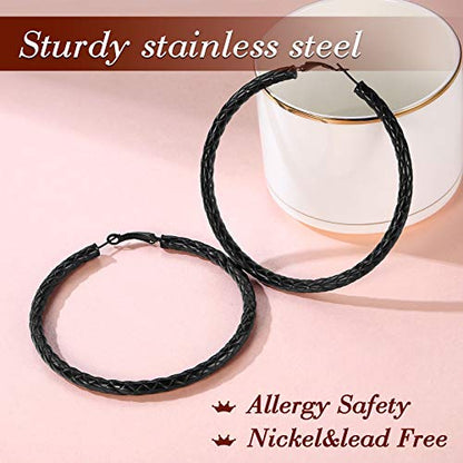 FindChic Chunky Hoop Earrings for Women, Silver/Black/14K Gold Plated Crossover Patterned Hollow Tube Rounded Loop Earrings, 30mm/40mm/60mm/80mm Hoops with Custom Name Options and Gift Box - color: a.Black, size: 80MM