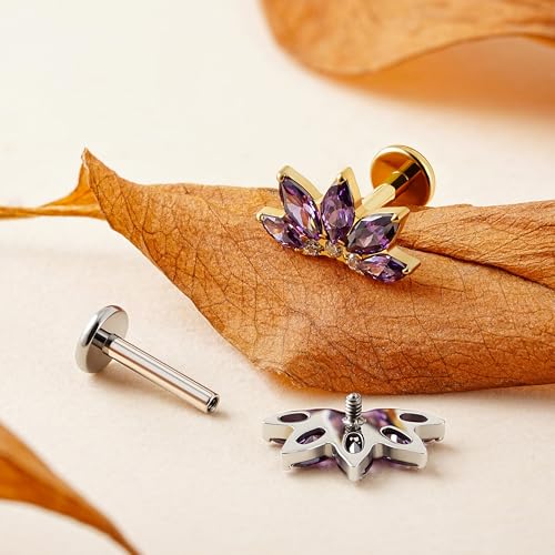FINE4U 1PC ASTM F136 Titanium 16G Flatback Stud for Tragus, Helix, Conch 6mm 8mm - Screw on Cartilage Earring Piercing Jewelry - color: Flower CZ - Amethyst - Tit