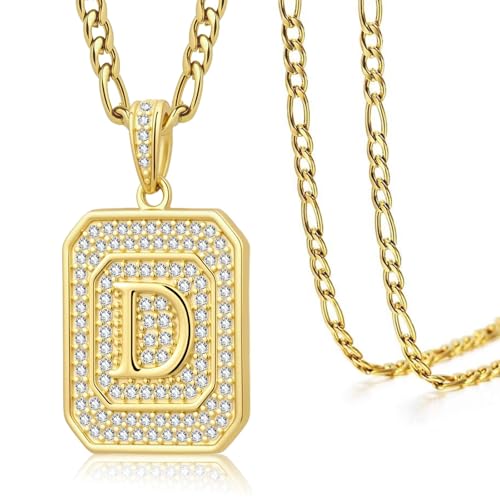 Initial Letter Pendant Necklace for Men Women, 14K/18K Gold A-Z | Square Monogram Pendant Jewelry Waterproof and colorfast with Figaro Chain, Gifts for Women Men - style: 14K Gold D