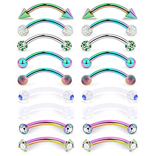 9 Pairs 16G Stainless Steel 3mm Clear CZ Glitter Ball Curved Barbell Eyebrow Tragus Lip Belly Ring Piercing Jewelry 3/8"(10MM) Rainbow - color: 18PCS - Rainbow
