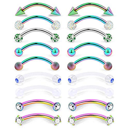 9 Pairs 16G Stainless Steel 3mm Clear CZ Glitter Ball Curved Barbell Eyebrow Tragus Lip Belly Ring Piercing Jewelry 3/8"(10MM) Rainbow - color: 18PCS - Rainbow