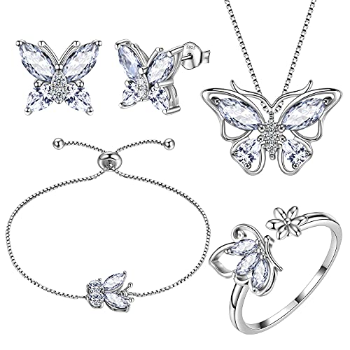 Aurora Tears Butterfly Jewelry,Women 925 Sterling Silver Butterflies Birthstone Pendant Necklace/Earrings/Rings Wedding Gift - color: D.April-set 3
