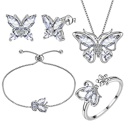 Aurora Tears Butterfly Jewelry,Women 925 Sterling Silver Butterflies Birthstone Pendant Necklace/Earrings/Rings Wedding Gift - color: D.April-set 3