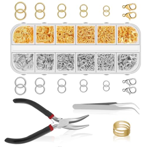 1200 Pcs Jump Rings for Jewelry Making, Open Jump Rings with Pliers, Tweezer and Lobster Clasps for Necklace Repair and Bracelet Making (Silver and Gold) - color: Silver and Gold