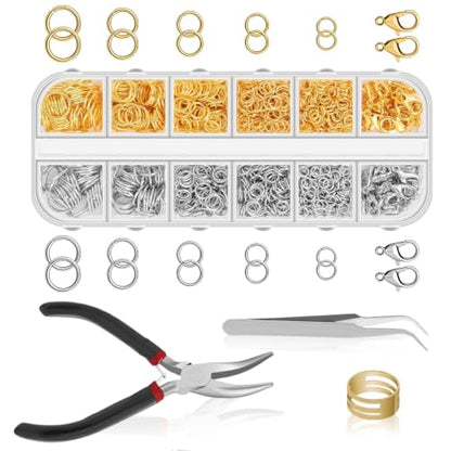 1200 Pcs Jump Rings for Jewelry Making, Open Jump Rings with Pliers, Tweezer and Lobster Clasps for Necklace Repair and Bracelet Making (Silver and Gold) - color: Silver and Gold