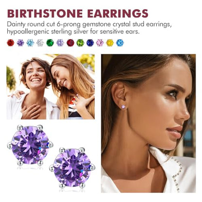 DAYBYDAY 925 Sterling Silver Birthstone Earrings for Women, Crystal Stud Earrings, 6.5mm Round Cut Solitaire Gemstone Earrings Birthday Jewelry - style: Round Cut-02. Feb/created amethyst