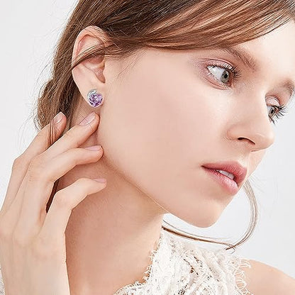 AOBOCO 925 Sterling Silver Cute Cat Studs Earrings for Women | Heart Crystals from Austira Cats Jewelry Gifts for Cat Lovers - color: Amethyst Purple