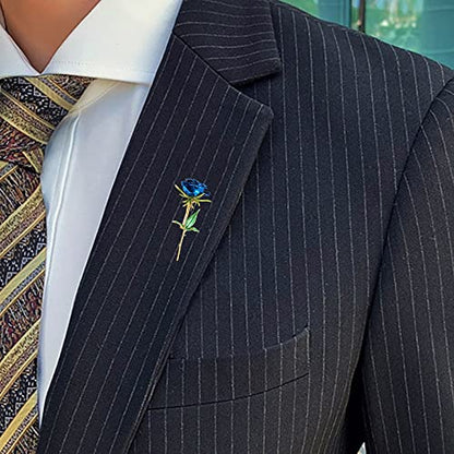 Enamel Rose Flower Brooch Pin for Women Girls Men Alloy Fashion Gold Green Leaf Blossom Brooches Lapel Pins Dainty Dress Accessories Jewelry Boutonniere Corsage for Hat Bag Suit Tie Wedding Birthday Anniversary Father(Blue)