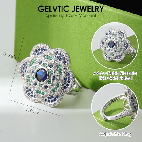 Cocktail Rings Silver Rose Flower Ring for Women Adjustable 18K Gold Plated Snowflake Open Wrap Wedding Statement Valentine Gift for Lover Wife Christmas - style: JZ06 Flower Ring-Blue
