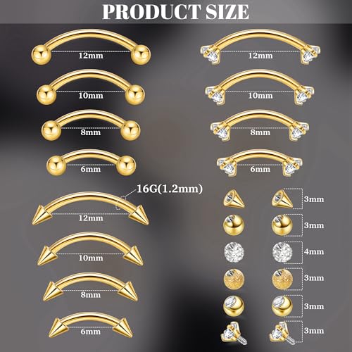 NICEIGHT 12Pcs 16G 18G Surgical Steel Eyebrow Piercing Jewelry for Women Men Small Curved Barbell Rings Vertical Labret Lip Jewelry Ear Rook Helix Daith Ring 6-12MM with 12Pcs Replacement Balls - color: Gold, size: 16G