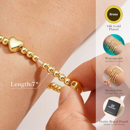 M MOOHAM Gold Beaded Charm Bracelets for Women Girls Non Tarnish | 14K Gold Plated, Dainty CZ Heart Smile Face Cross Charm Stretch Bead Bracelet for Women Teenage Teen Girls - color: Heart