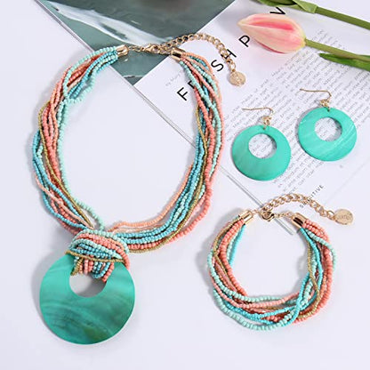 Coiris Multi Strand Statement Colorful Beaded Necklace with Big Circle Shell Pendant for Women - color: ST0012