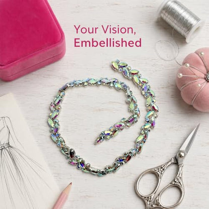Rhinestone Chain Trim 1 Yard Sew-On Crystal for Wedding Bridal | 90cm long, 1.5cm wide marquise AB crystal bling chain with craft scissors for bridal dress veil cake DIY - color: Rainbow