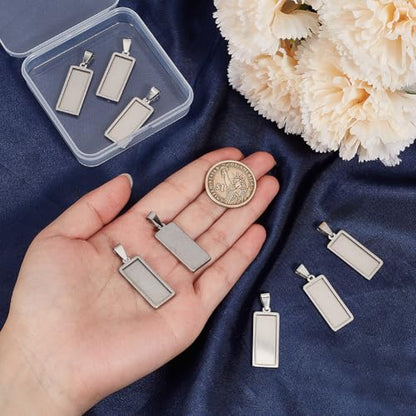 1 Box 10Pcs Stainless Steel Pendant Trays Bulk Rectangle Bezel Blanks 31x13mm Silver Charms Tray Base Cabochon Bezel Blank for Jewelry Making Resin Photo Craft DIY Necklace Bracelets Adults - style: silver rectangle