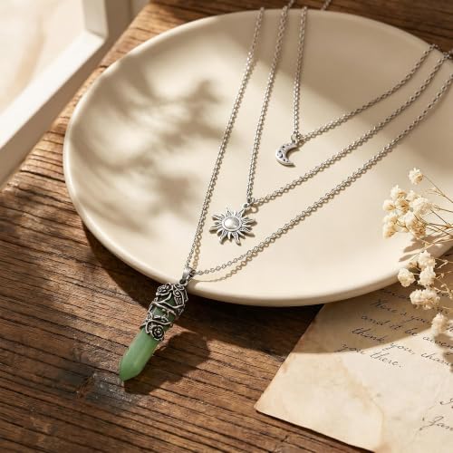 Gothic Emo Grunge Crescent Moon Layered Choker for Women | Boho Moon Sun Star Crystal Pendant Necklace, Punk Witchy Halloween Christmas Jewelry Accessories Gifts - color: Green