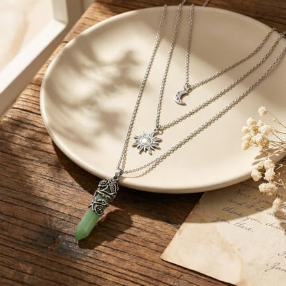 Gothic Emo Grunge Crescent Moon Layered Choker for Women | Boho Moon Sun Star Crystal Pendant Necklace, Punk Witchy Halloween Christmas Jewelry Accessories Gifts - color: Green