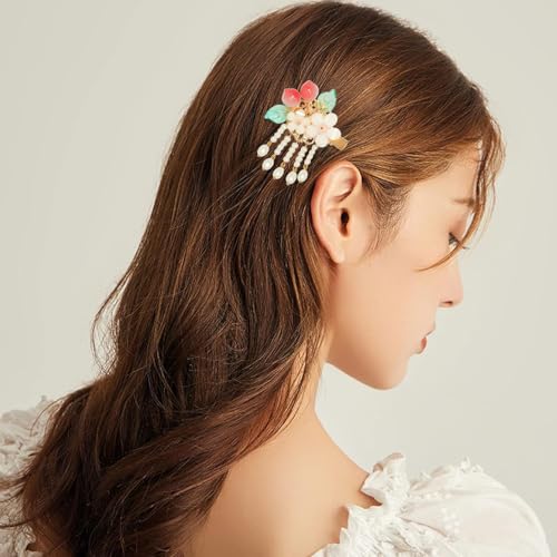 A Pair Wedding Hair Clips, Handmade Floral Design Crystal Hair Clips Pearl Barrettes, Rhinestones Flower Clips Pearl Headpieces Hair Pins Hair Accessories for Women Girls (White Peach) - color: White Peach