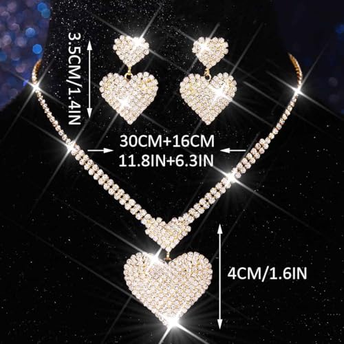 Crystal Heart Bridal Wedding Jewelry Set Silver Rhinestone Necklace Earrings Bracelet Sets Formal Costume Jewelry for Women and Brides - color: Gold Necklace Earrings