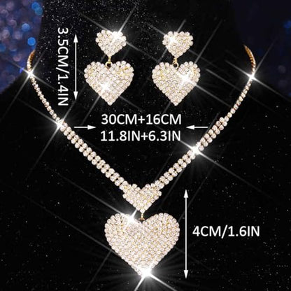 Crystal Heart Bridal Wedding Jewelry Set Silver Rhinestone Necklace Earrings Bracelet Sets Formal Costume Jewelry for Women and Brides - color: Gold Necklace Earrings