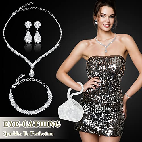 4 Pcs Silver Clutch Purse Jewelry Set for Women Rave Accessories Evening Rhinestone Purse Silver for Bride Wedding - style: Shiny Style