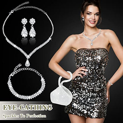 4 Pcs Silver Clutch Purse Jewelry Set for Women Rave Accessories Evening Rhinestone Purse Silver for Bride Wedding - style: Shiny Style