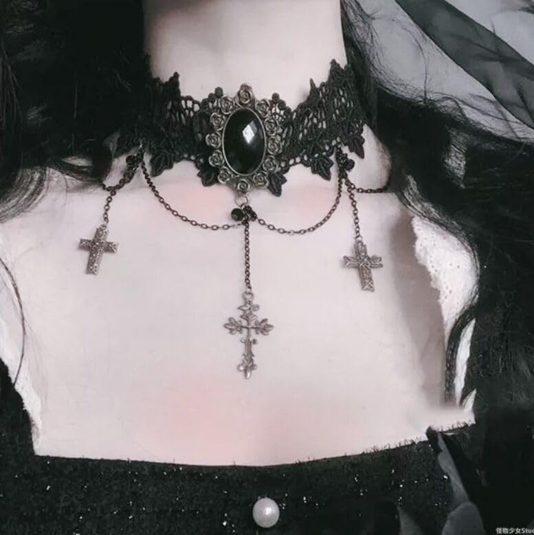 Gothic Victorian Style Vampire Choker Necklace for Women Black Crystal Tassel Lace Collar Necklace Halloween Punk Black Sexy Lace Necklace Halloween Cavewoman Costume - style: Cross Pendant