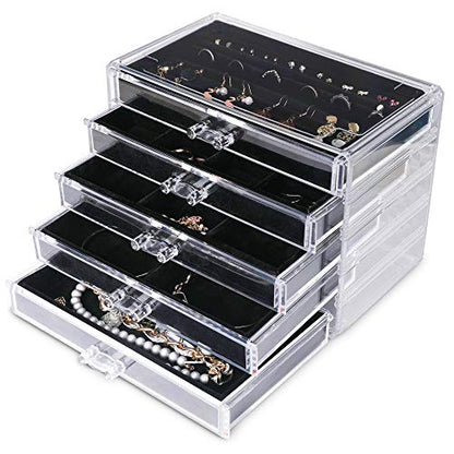 Extra Large Acrylic Jewelry Box for Women 5 Layers Clear Jewelry Organizer Velvet Earring Box with 5 Drawers Rings Display Case Necklaces Holder Tray for Women Girls (Black) | Jewelry Storage for Rings Earrings Bracelets,Dustproof,Velvet Lining,Transparen