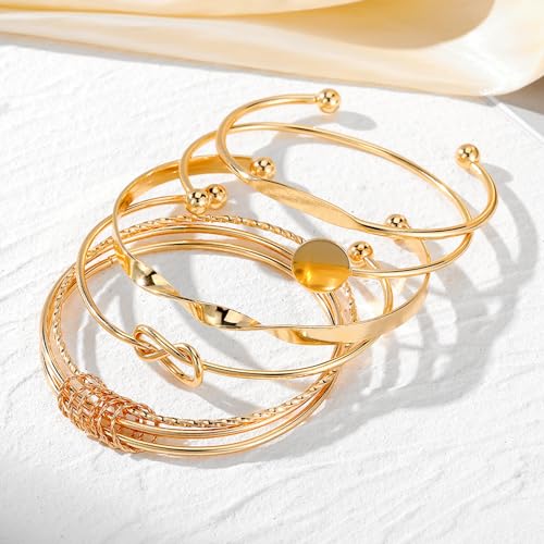 IFKM Gold Bangle Bracelets For Women, 14k Gold Plated Multi Layer Stackable Cuff Bracelet Set, Trendy Elegance Charms Non Tarnish Minimalist Textured Boho Jewelry Gift for Women - style: Multilayer opening