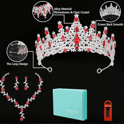 Kamirola Tiaras and Crowns for Women,Tiaras Earrings Necklace, Crystal Bridal Jewelry Set (TR48) - color: Silver Red