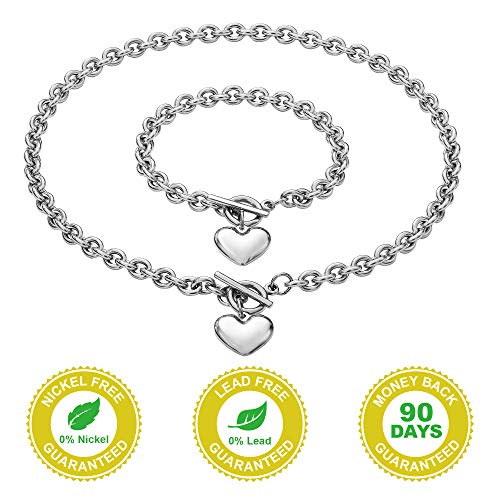 Heart Chain Necklace + Heart Bracelet for Women Girls Hearts Pendant Toggle Charm Jewelry Set Stainless Steel 18K Gold/Rose Gold Silver - color: Silver