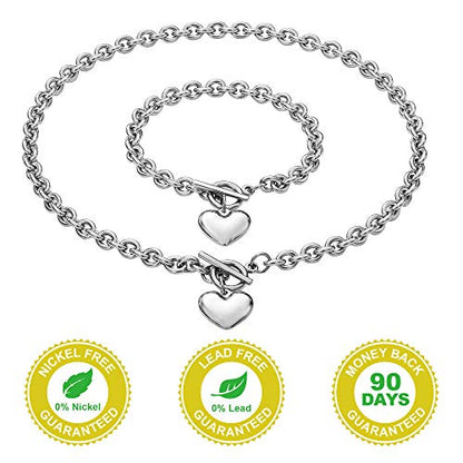 Heart Chain Necklace + Heart Bracelet for Women Girls Hearts Pendant Toggle Charm Jewelry Set Stainless Steel 18K Gold/Rose Gold Silver - color: Silver