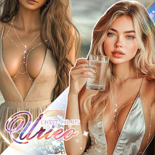 Urieo Sparkly Beads Bra Chain Silver Crystal Chest Chains Rhinestone Layered Sexy Nightclub Beach Rave Body Chain for Women - style: B-gold