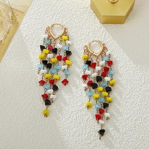 Fringe Hoop Dangle Earrings, Long Beads Tassel Chain Earrings for Women Sparkly Chandelier Earrings - color: Coloful