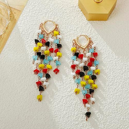 Fringe Hoop Dangle Earrings, Long Beads Tassel Chain Earrings for Women Sparkly Chandelier Earrings - color: Coloful
