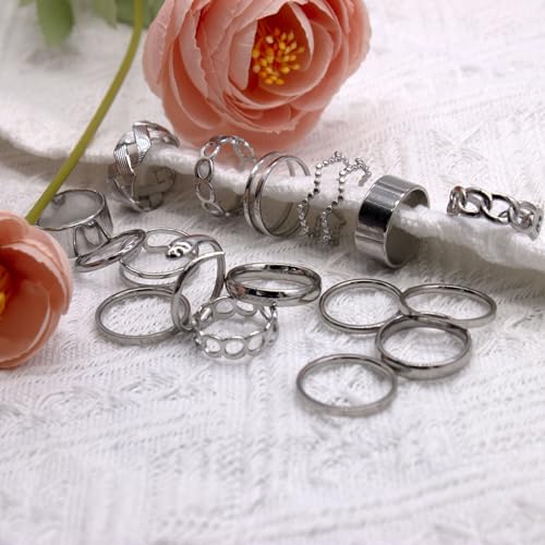 17PCS Silver Knuckle Rings for Women Stainless Steel Rings Set Midi Stackable Rings Simple Smooth Finger Rings Silver Adjustable Rings Jewelry Gift - color: 17pcs/B