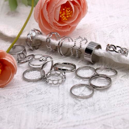 17PCS Silver Knuckle Rings for Women Stainless Steel Rings Set Midi Stackable Rings Simple Smooth Finger Rings Silver Adjustable Rings Jewelry Gift - color: 17pcs/B