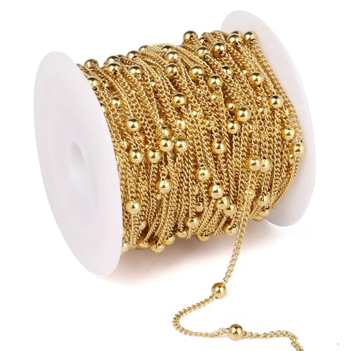 33FT 2mm 18K Gold Plated Satellite Bead Chains Roll Bulk for Jewelry Making | 304 Stainless Steel Gold Ball Beaded Twisted Curb Link Chains Spool for DIY Craft - color: Gold Big Beads Satellite Curb Chain