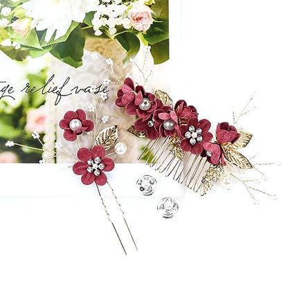 Cinaci 18 Pieces Bridal Wedding Party Prom Pearl Rhinestone Burgundy Flower Hair Side Combs Slides+U-shaped Flower Hair Pins+Twist Spiral Hairpins Floral Headpieces for Brides Bridesmaids Women Girls - color: Burgundy